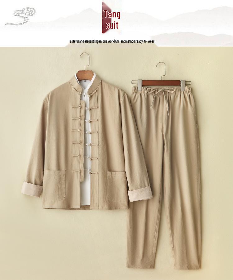 Men's Chinese Spring/Autumn Cotton Linen Tang Suit: 3-Piece Hanfu with Frog Buttons, Monk & Tea Ceremony Robe