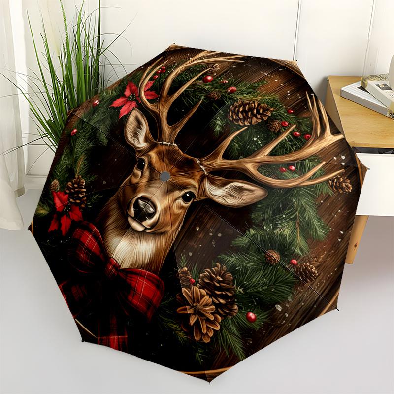 Christmas Deer Wreath Plaque Decoration Umbrella, Cute Umbrella with Cute Design, Portable 3-Fold Compact Umbrella for Men & Women, Valentine's Day Mo