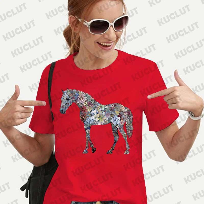 Floral Horse Funny Graphic Blouse Women T-Shirt Short Sleeve O-Neck Creative T Shirts Fashion Breathable Y2k Tops Casual Tees