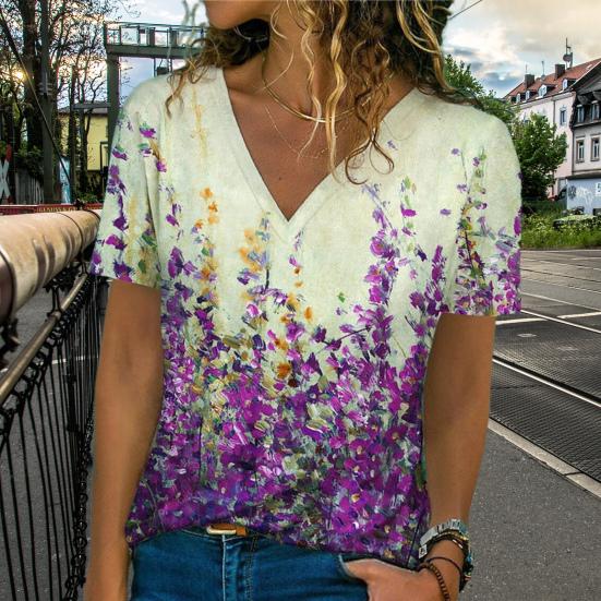 

Женская футболка с коротким рукавом и v-образным вырезом, свободная эластичная мягкая повседневная высокоэластичная футболка с цветочным принтом, топ