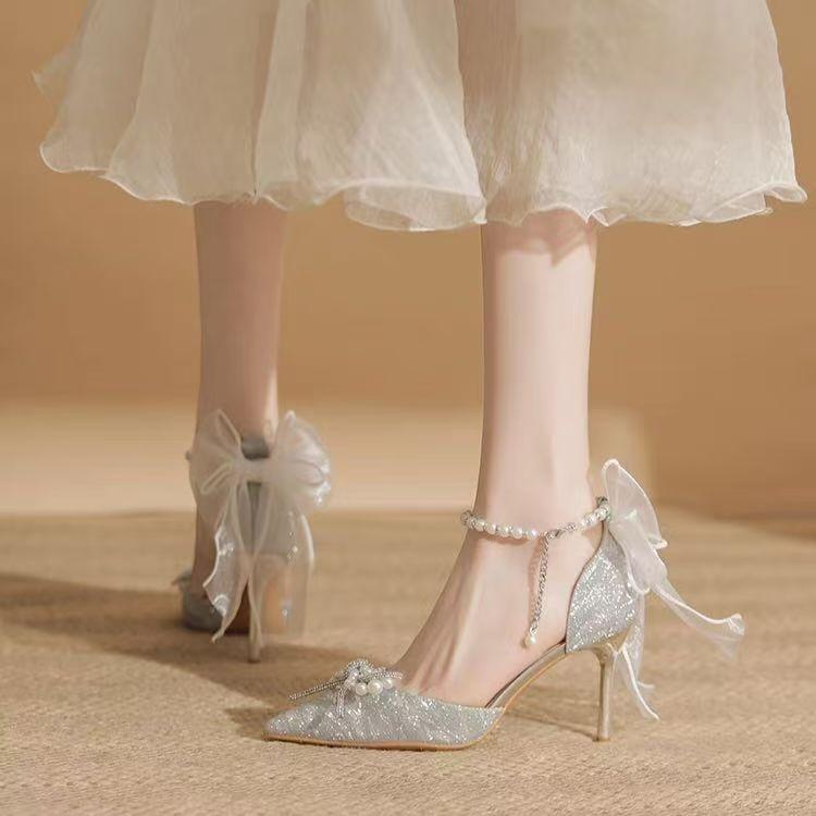Bridesmaids stiletto wedding shoes bride shoes silver high heels new crystal pearl year old adult dress officiating wedding