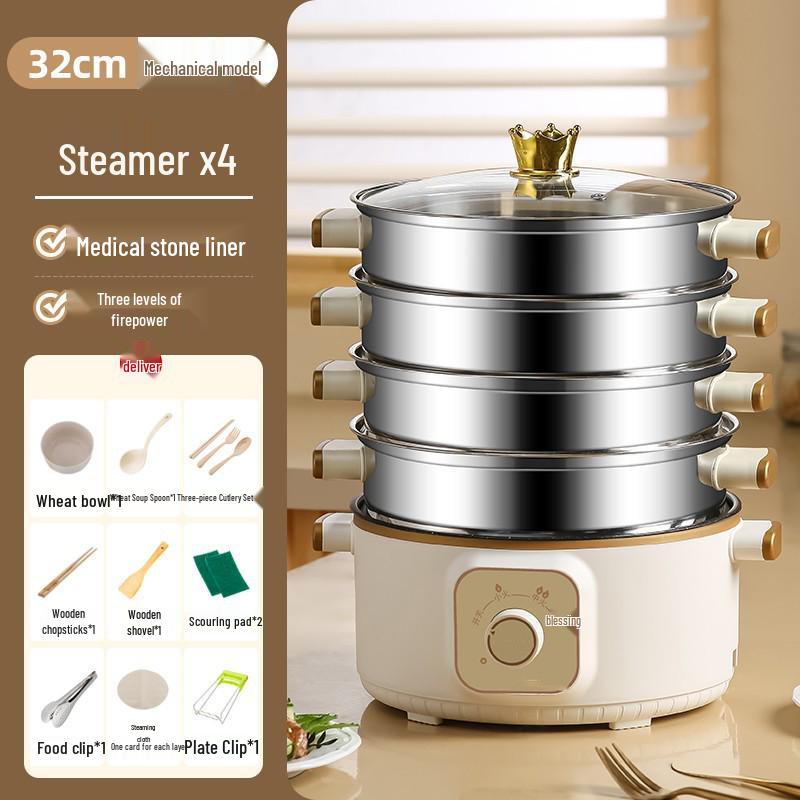 Wielofunkcyjny parowar elektryczny: Stal nierdzewna, Trójwarstwowy, Minutnik, do gotowania na parze, gotowania i duszenia