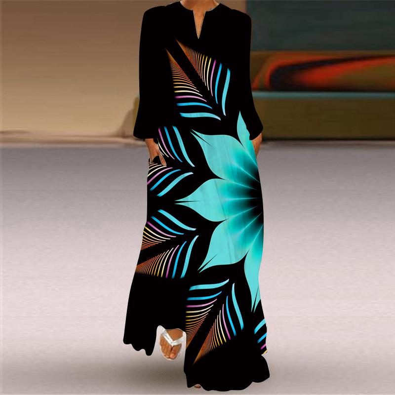 2024 Autumn European & American V-Neck Long-Sleeve Sexy Printed Maxi Dress