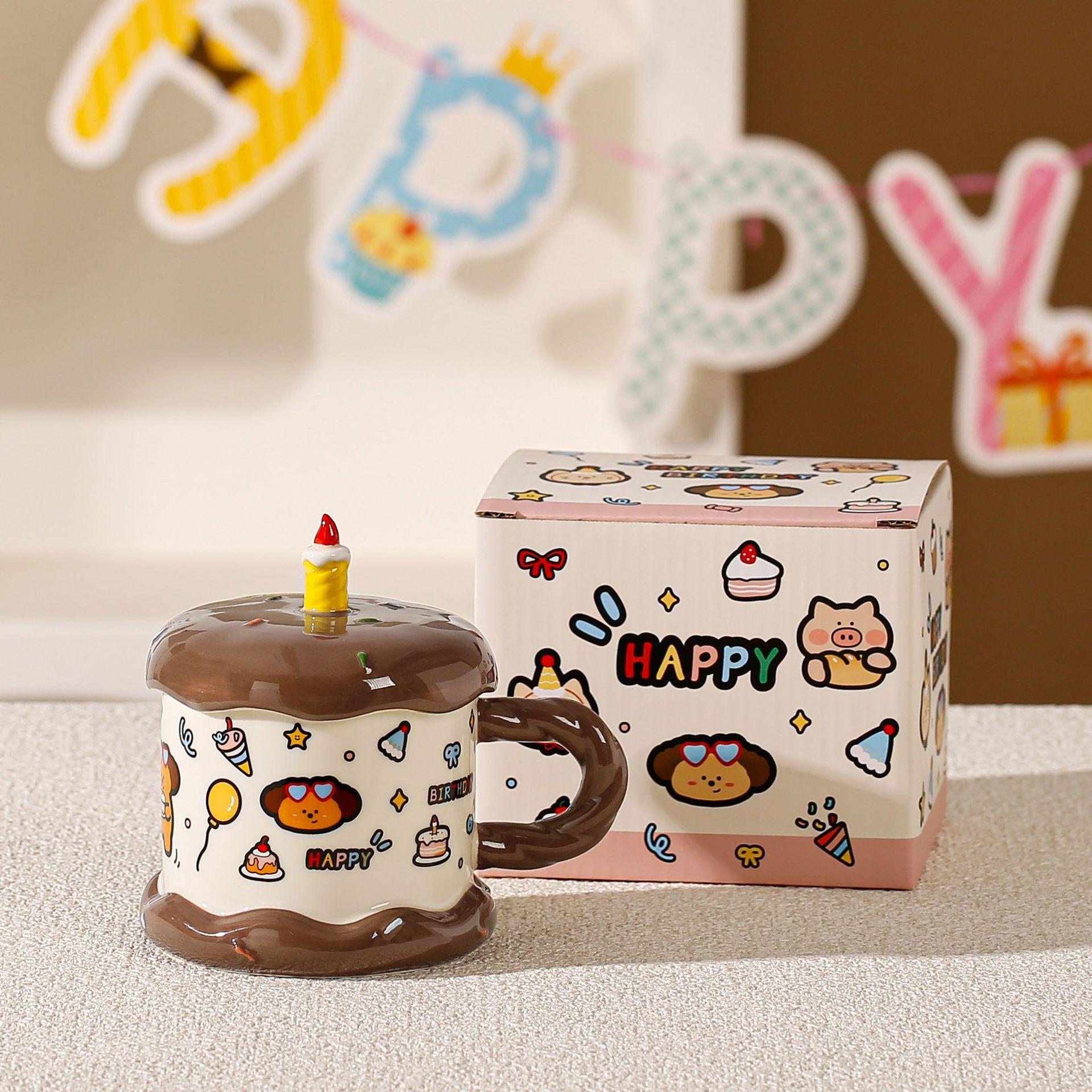 Cup household drinking water high value cute cake animal birthday gift mug ceramic water cup with lid ≈360ml