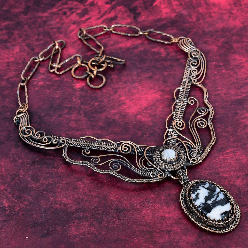White Buffalo Turquoise Necklace Copper Wire Wrapped Jewelry Adjustable Necklace Rainbow Moonstone Necklace