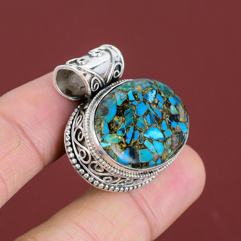 Copper Chrysocolla Pendant 925 Sterling Silver Pendant Handmade Gemstone Pendant Vintage Jewelry Gifts For Her Unique Pendant Silver Jewelry