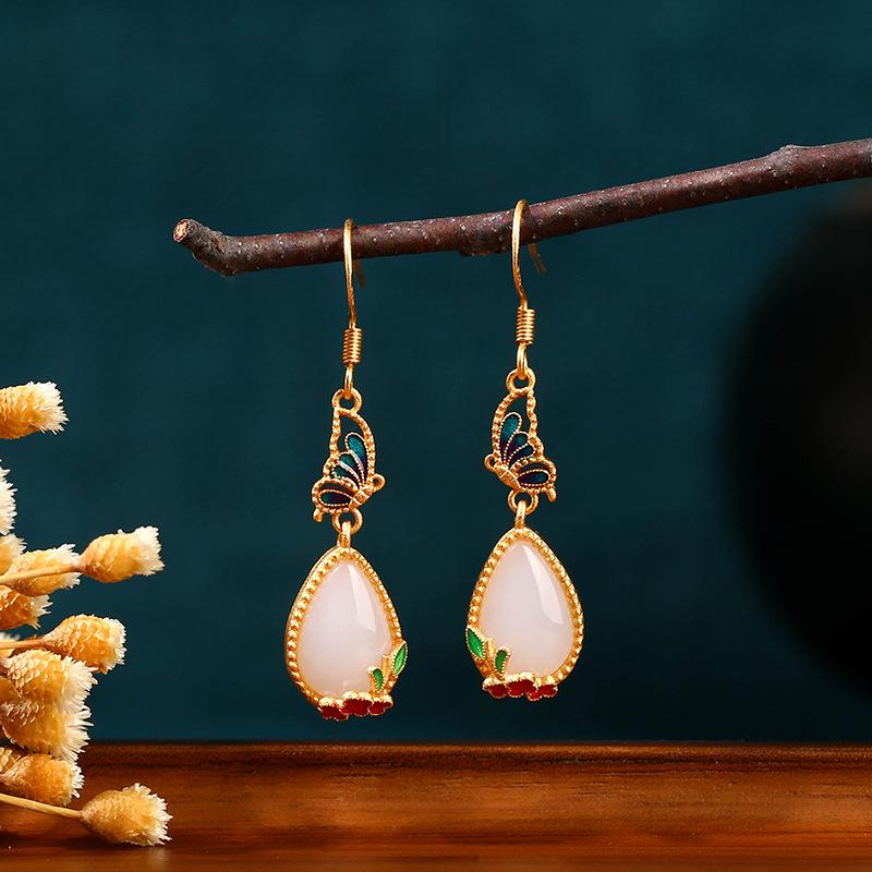 Chinese Style Gold-Plated Copper Silver Needle Water Drop Earrings with Imitation Jade and Butterfly Floral Design for Women Gold Plated