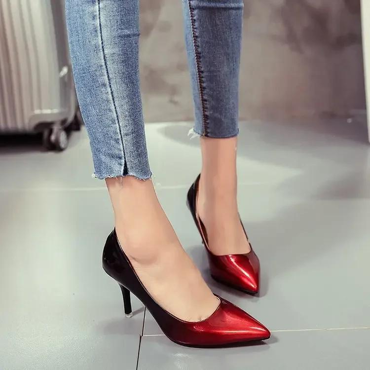 Gradient color patent leather women's shoes  spring and summer new pointed shallow mouth sexy stiletto heels work shoes drf56