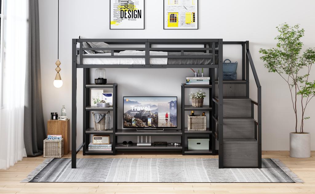 Letto a soppalco 140x200 con supporto TV, presa elettrica e scaletta di sicurezza, Combinazione Metallo-Legno, Salvaspazio, Letto a castello per bambini con spazio contenitore, Nero