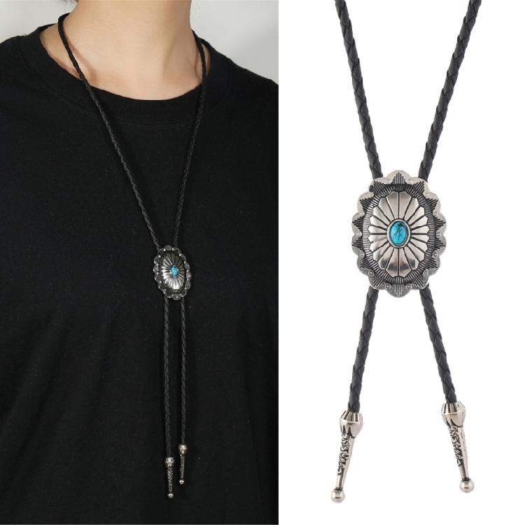 Turquoises Flower Pendant Bolo Tie Necklace For Men Women Cowboy Adjustable Leather Cord Necktie Casual Evening Wear