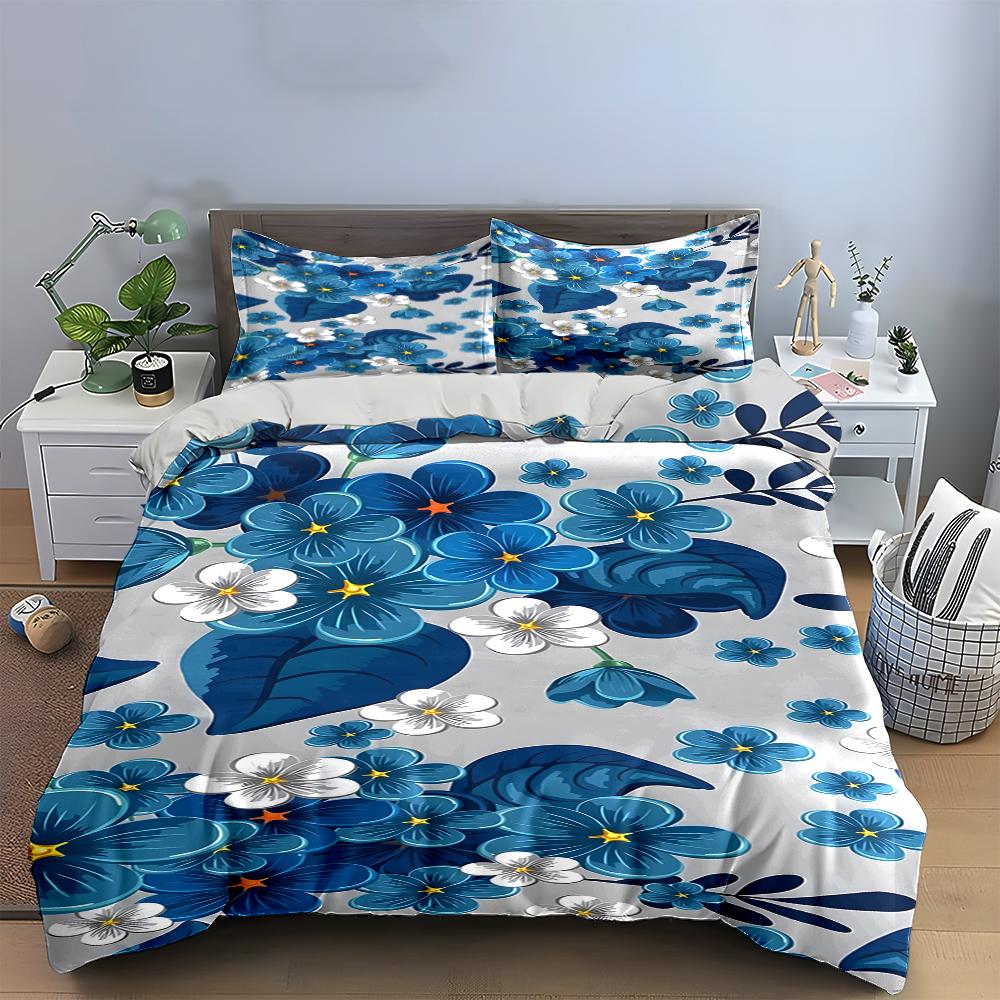 Blue Floral Bedding Set with White Accents Bedding Set (1 Duvet Cover, 2 Pillowcases, Duvet Not Included)