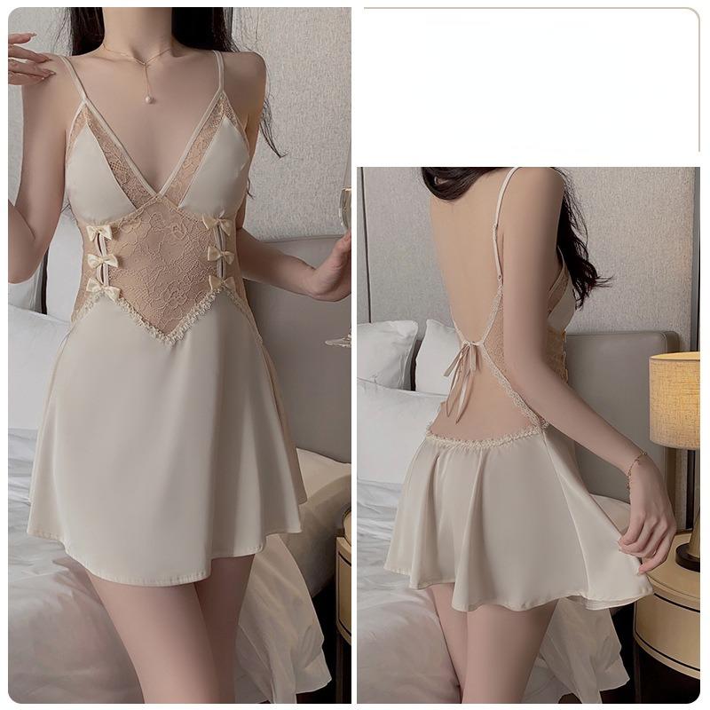 Sexy ryggløs forførende dyp V komfortabel pyjamas sløyfe stropp pyjamas kjole hjemme dress