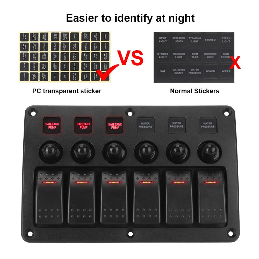 Marine Rocker Switch Panel Car Switch Panel 6 Gang Waterproof with Sticker 12~24V Circuit Control Auto Replacement Parts