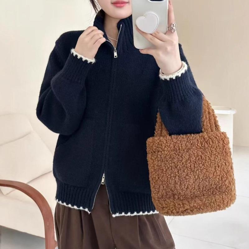Contrasting color lapel simple casual knitted cardigan top women's autumn and winter new soft waxy loose sweater jacket tide