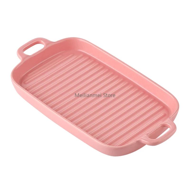 Rectangular Double Ear Oven Grill Plate Large Ceramic Household Fish Plate Grill Plates Household Vegetable Ceramic Plates