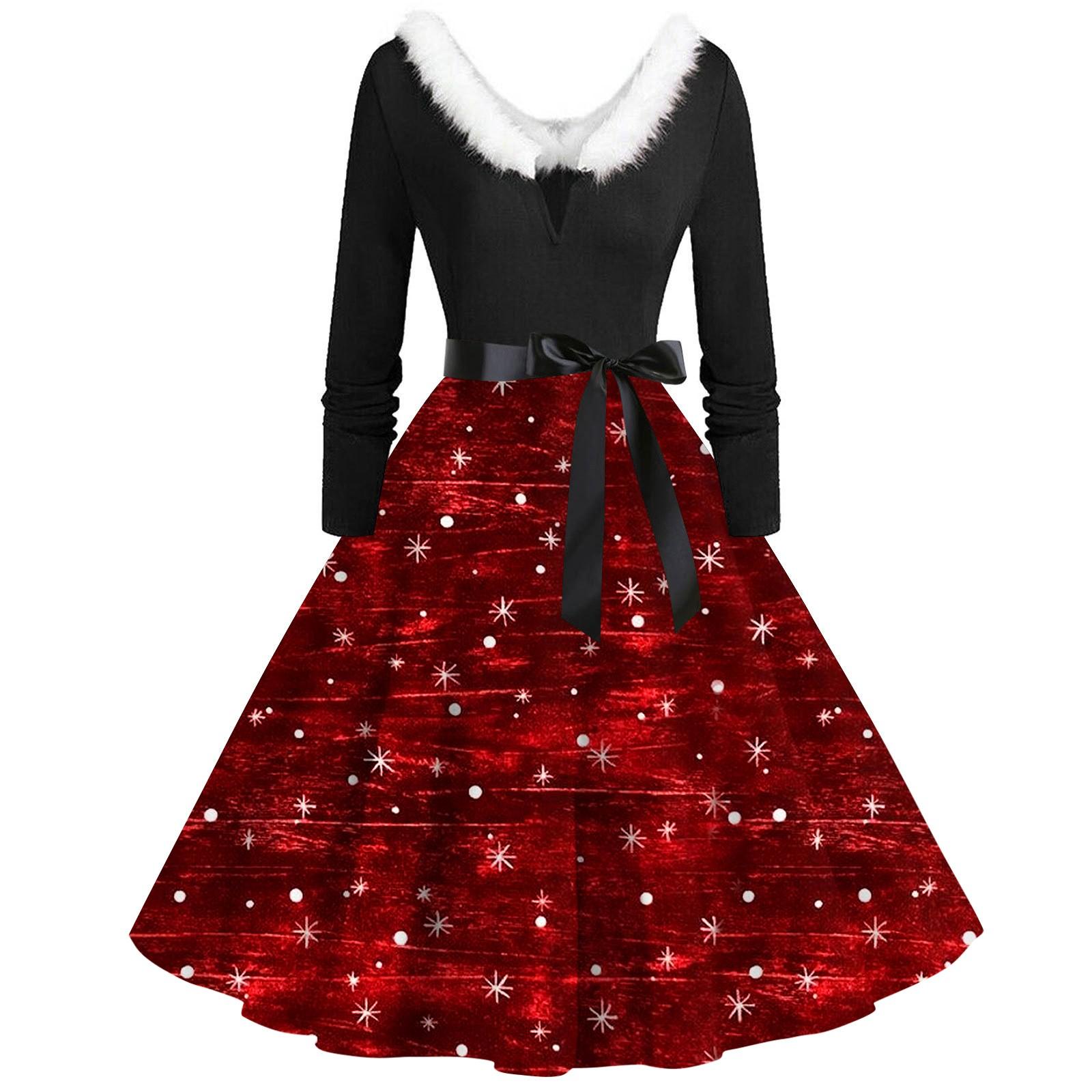 

Женское повседневное и модное платье с длинными рукавами и V-образным вырезом с рождественским принтом на молнии XL винный