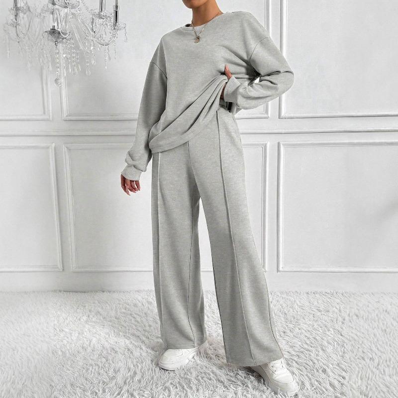 New Fall/Winter Solid-Color Round-Neck Long-Sleeve Top and Long Pants Set for Women: A Stylish Two-Piece Outfit