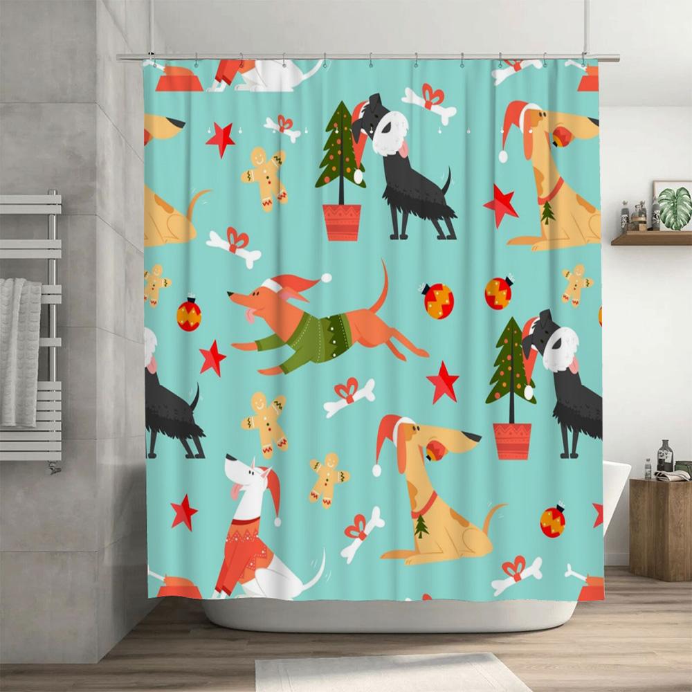 Vibrant Pet Holiday Shower Curtain Dog Christmas Decorations Fabric Print Bathtub Covering Waterproof Plush Bath Mat Festive Dog