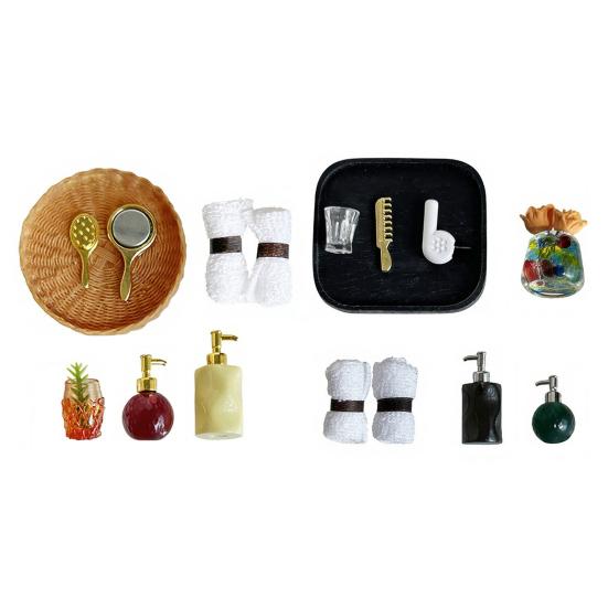 1 Set Miniature Bathroom Supplies, 1:12 Scale Mini Bathroom Accessories, Realistic Shampoo Bottles Towels Combs Mirrors for Doll Mansion Bathroom Sink