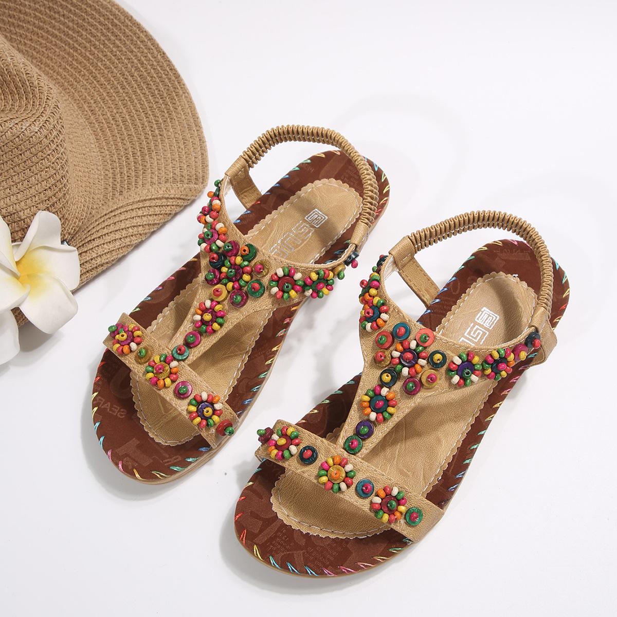 

Foreign trade 2025 summer new bohemian ethnic style handmade beaded women s sandals flat heel open-toed women s shoes 41 світло-коричневого кольору