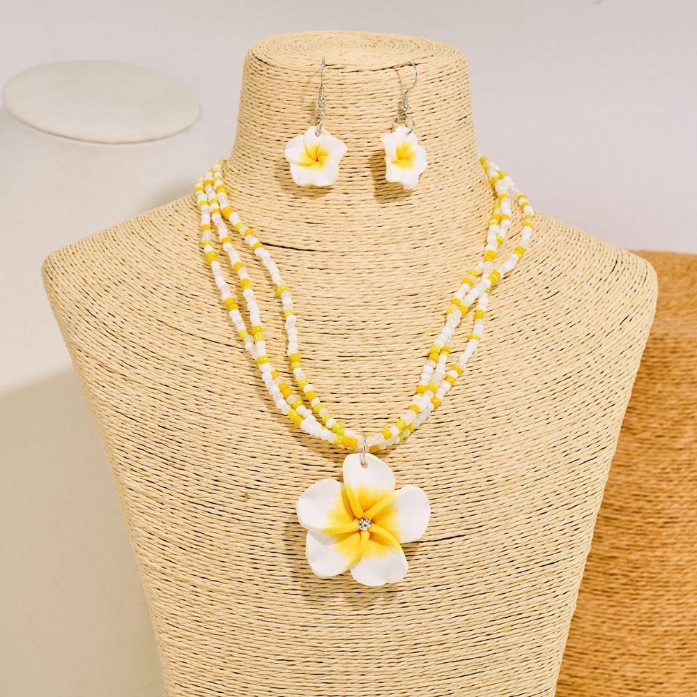 Egg Flower Flower Necklaces Earrings Multilayer Rice Bead Collarbone Chain  Vacation