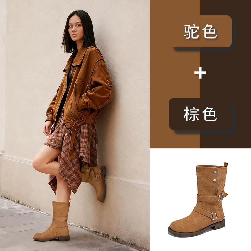 Wasteland wind western cowboy boots 2025 autumn and winter new locomotive short boots casual Martin boots versatile pile boots women