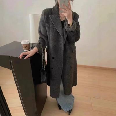 Korean Style Lapel Collar Wool Coat for Women, Autumn Temperament, Camel Herringbone Pattern, Double-breasted Long Woolen Coat