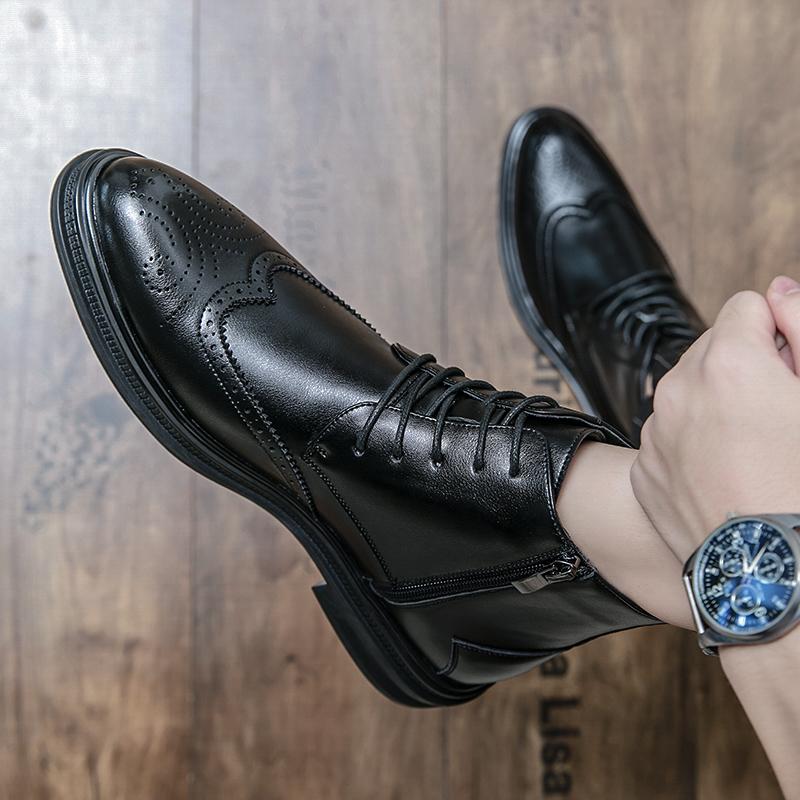 Pánské kožené boty s vysokým svrškem, společenské kožené boty, kulatá špička, ležérní kožené boty, staré boty, velká velikost 37-45, s kožešinou