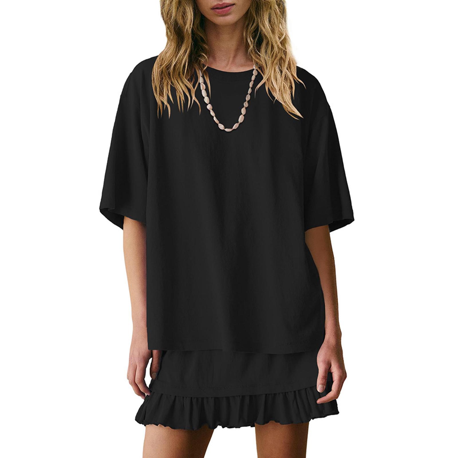 

Women s Fashion Solid Color Round Neck Short Sleeved Top And Skirt Two-piece Casual Set L