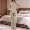 Women's Fashion Print Pajama Set Long Sleeve Button Down Top and Pants with Pockets V-Neck Set