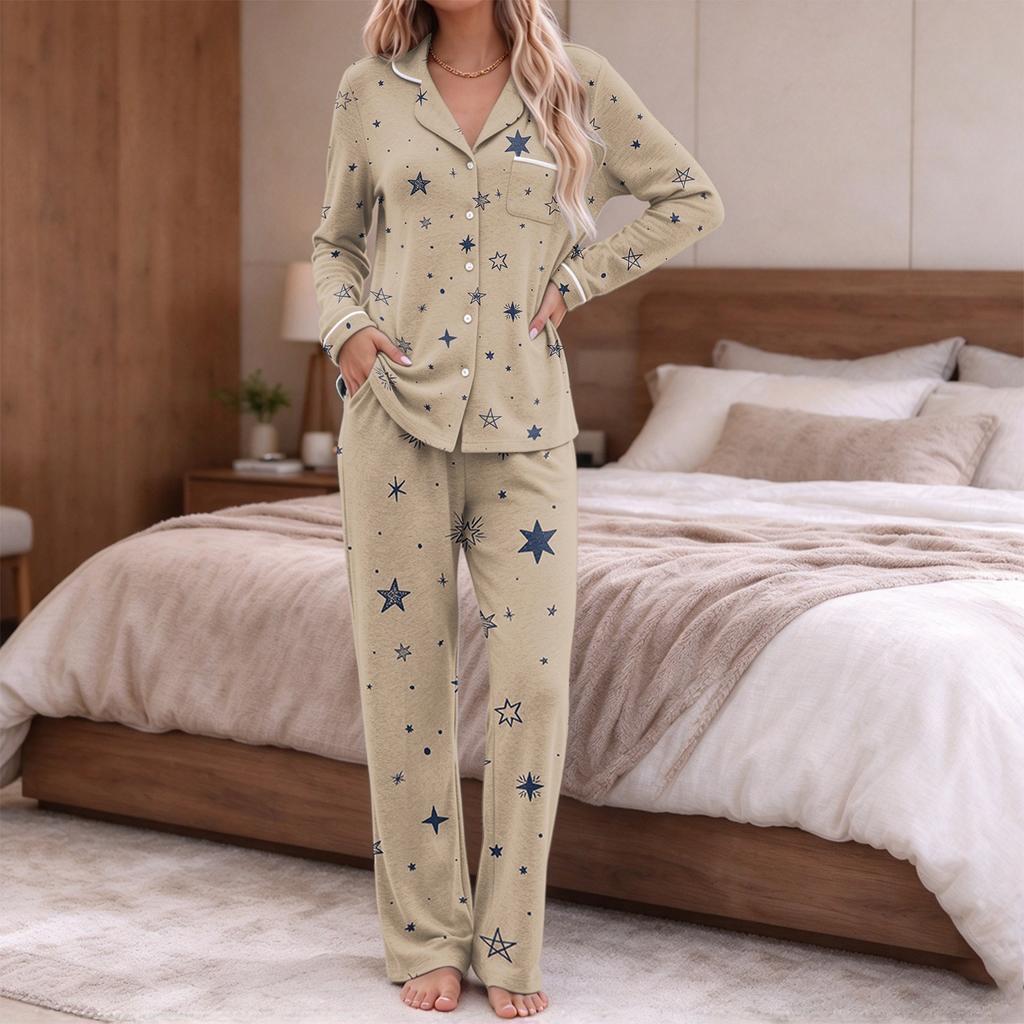 Women's Fashion Print Pajama Set Long Sleeve Button Down Top and Pants with Pockets V-Neck Set