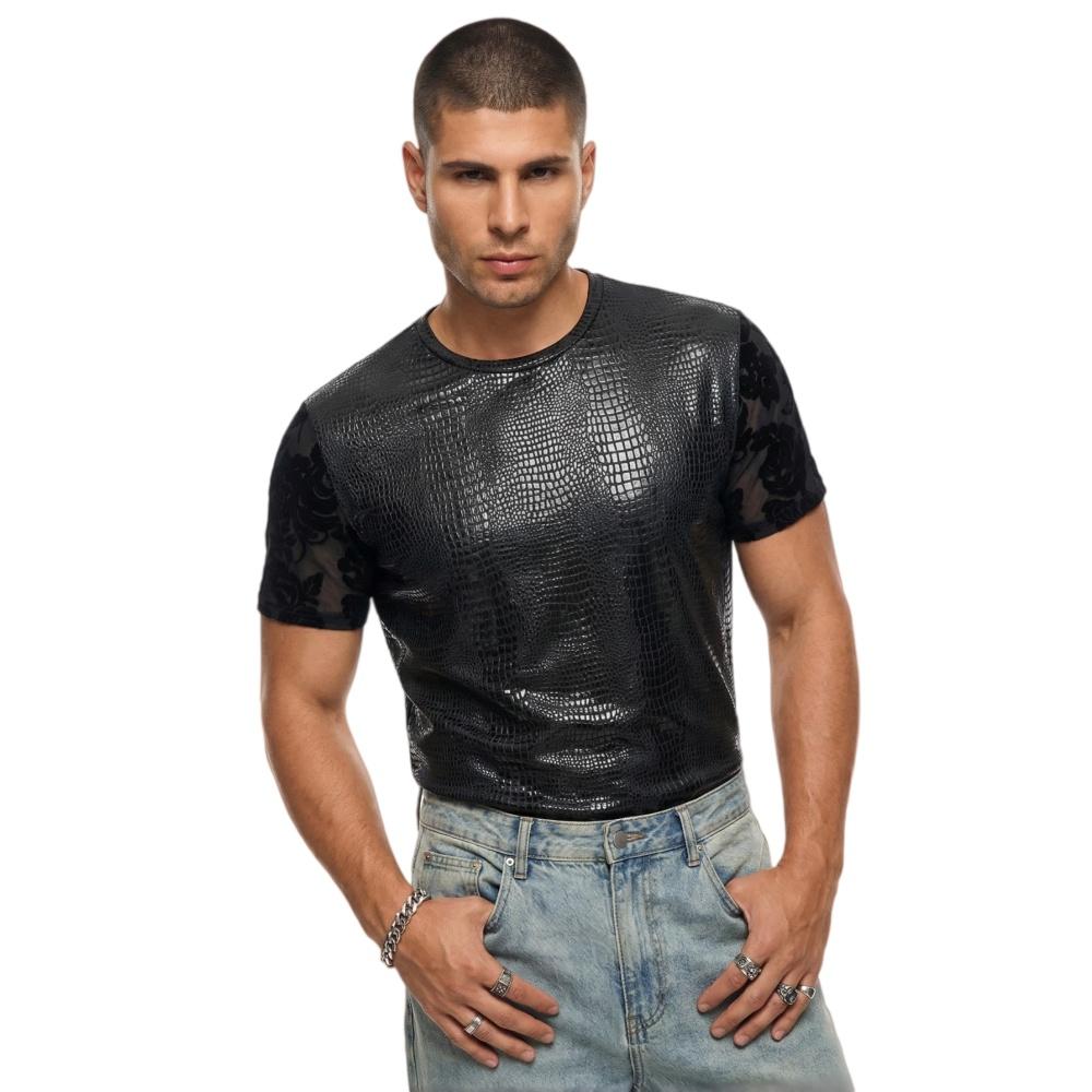 

Men’s Crocodile Texture T-Shirt with Mesh Floral Sleeves Trendy Streetwear Top for Summer 2026 Trendy Hip-Hop Avant-Garde Club Wear for Summer XXL чорний
