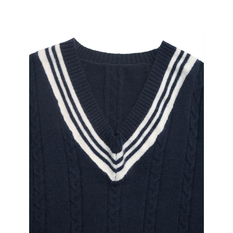 Nový svetr s V-výstřihem a copánkovým vzorem, dámský vysokoškolský styl, kontrastní barvy
