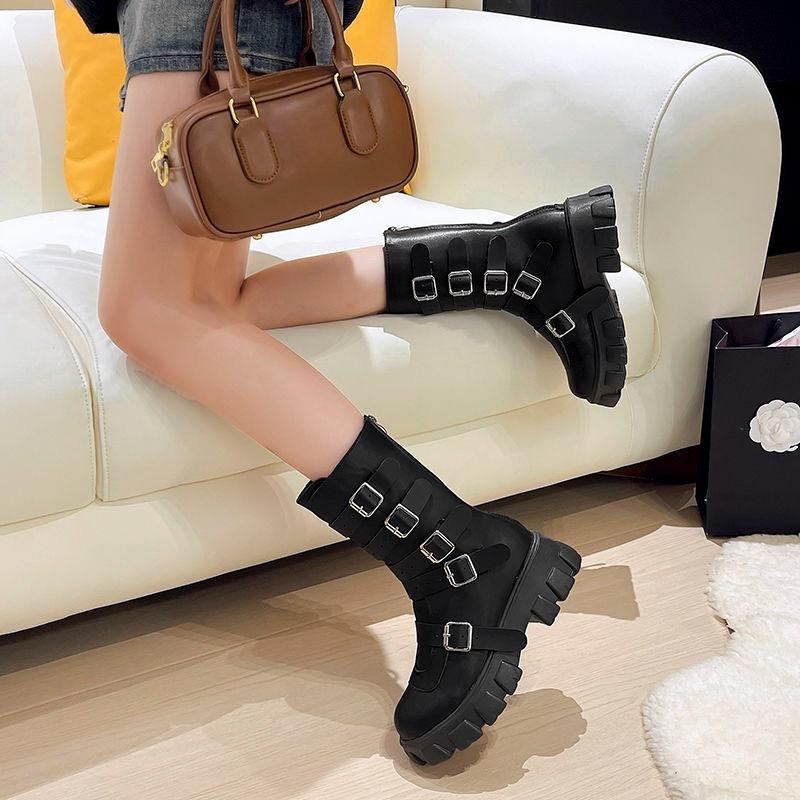 Fashion Spring Autumn Black Round Toe Platform Half High Boots for Women Chic and Elegant 2025 New Height Increase Mid Calf Shoes Woman