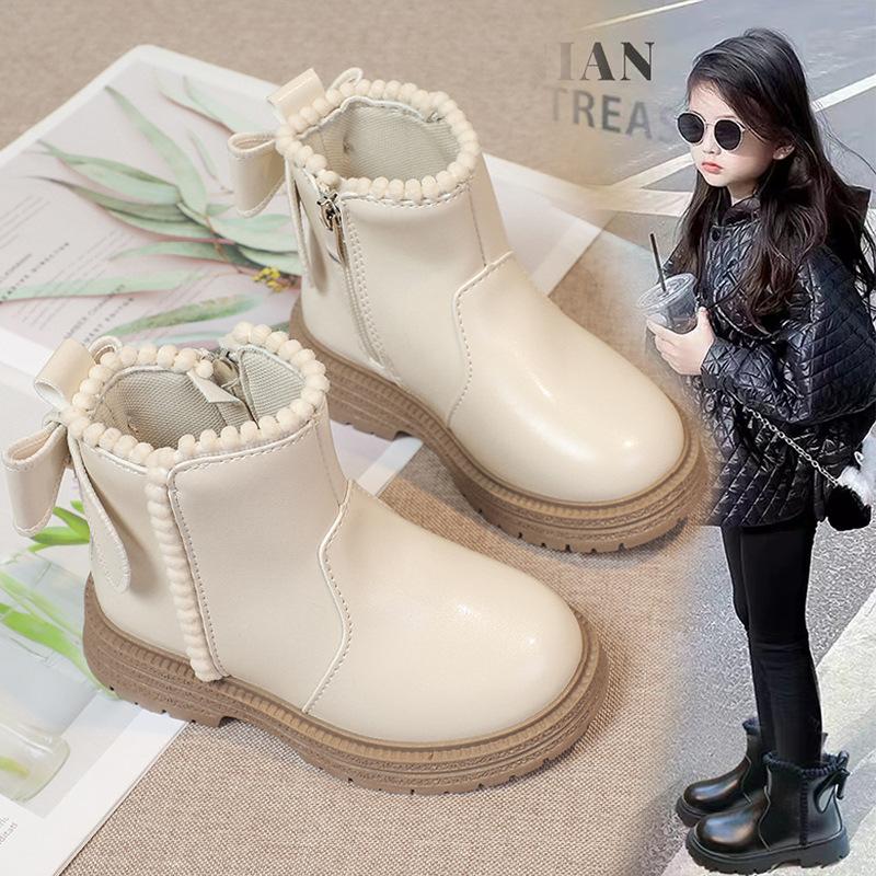 Children's Princess Style Single Boots Plus Velvet Short Boots Non-slip Soft Sole Leather Boots Side Zipper Warm Cotton Boots