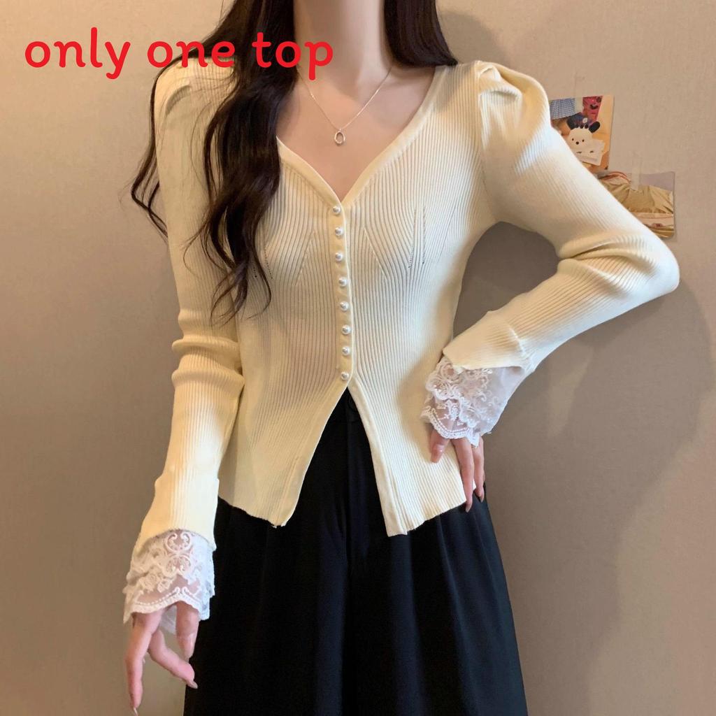 Private Lady Knit Cardigan With Lace Splicing And Princess Sleeves For Spring Wear