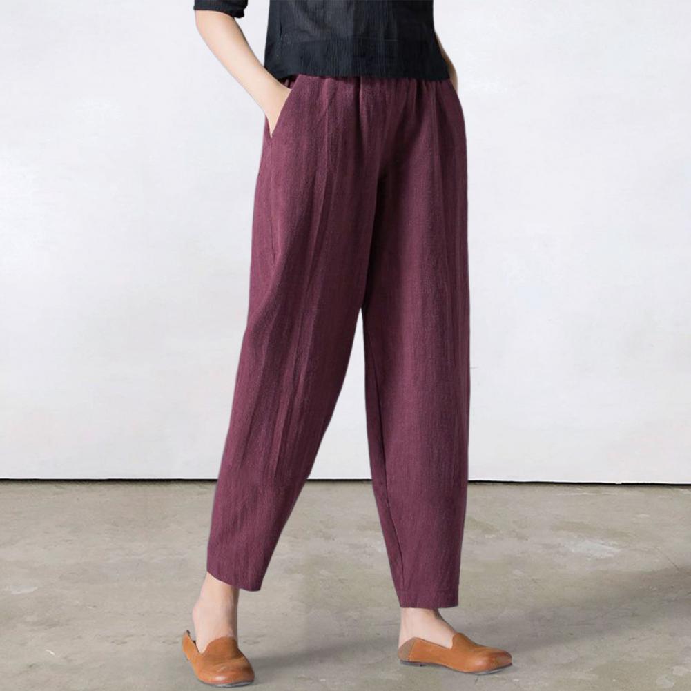 Damen Lange Hosen Mit Taschen Elastische Taille Weites Bein Neunte Hosen Freizeitkleidung Temperament Damenmode Lose Leinenhose