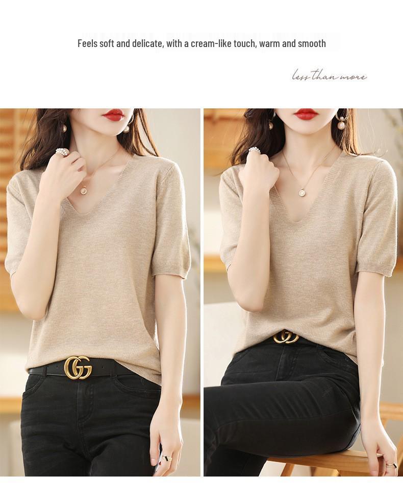 Women's V-Neck Knitted T-Shirt: Short-Sleeved, Versatile, Commuting Pullover, Perfect Base Layer, Three-Quarter Sleeves, Light Sweater.