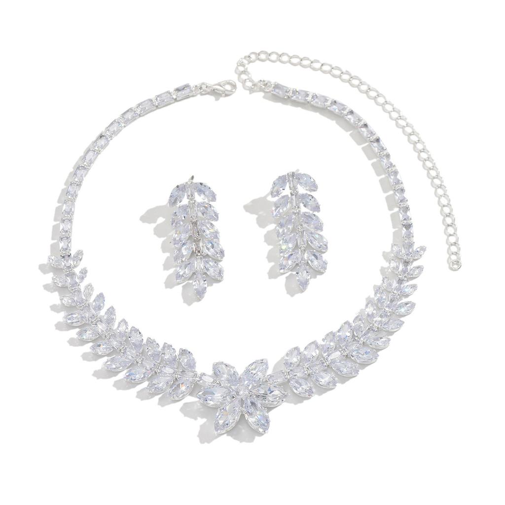 Exaggerated Zircon Wheat Ears Flower Water Drop Earrings Necklace Light Luxury High-End Collarbone Chain Fashion Jewelry Set