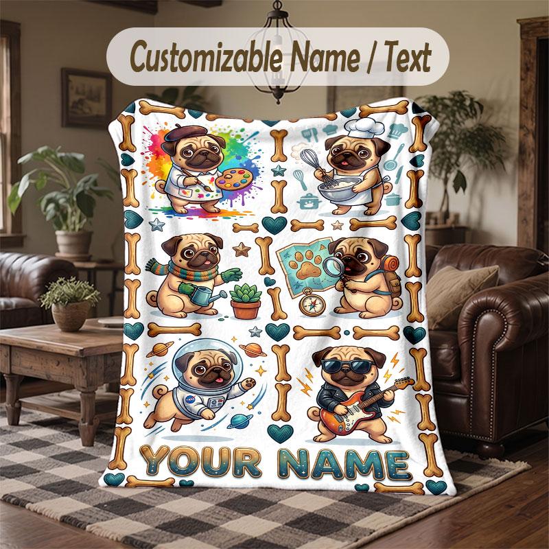 Pug Theme Throw Blanket Custom Name Text Personalized Blanket Soft Cozy Blanket for Home Sofa Bed