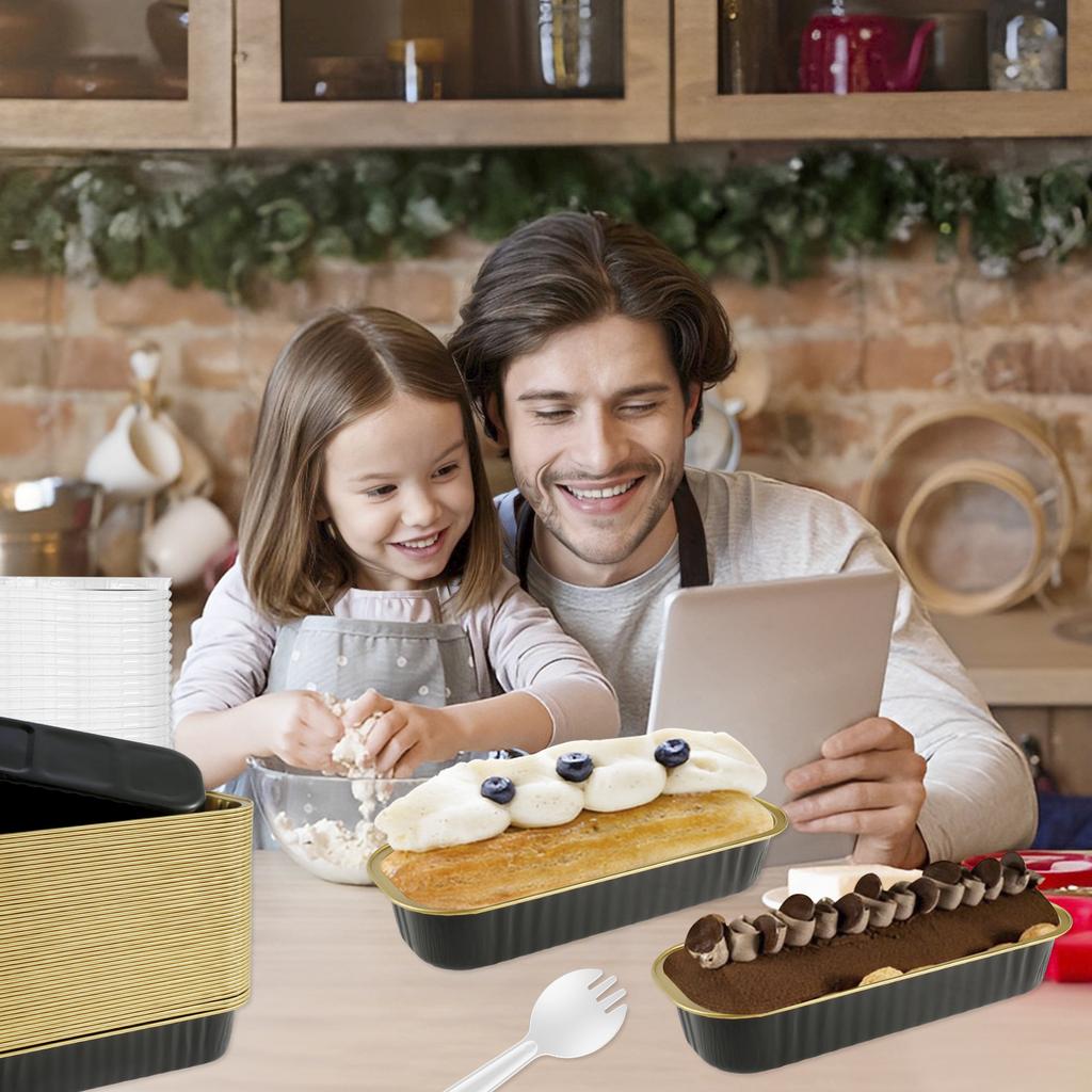 150Pcs Mini Cake Pans with Lids and Spoons 200ml Rectangle Foil Baking Pans Tins Non-Stick Kitchen Loaf Container Cupcake Liners