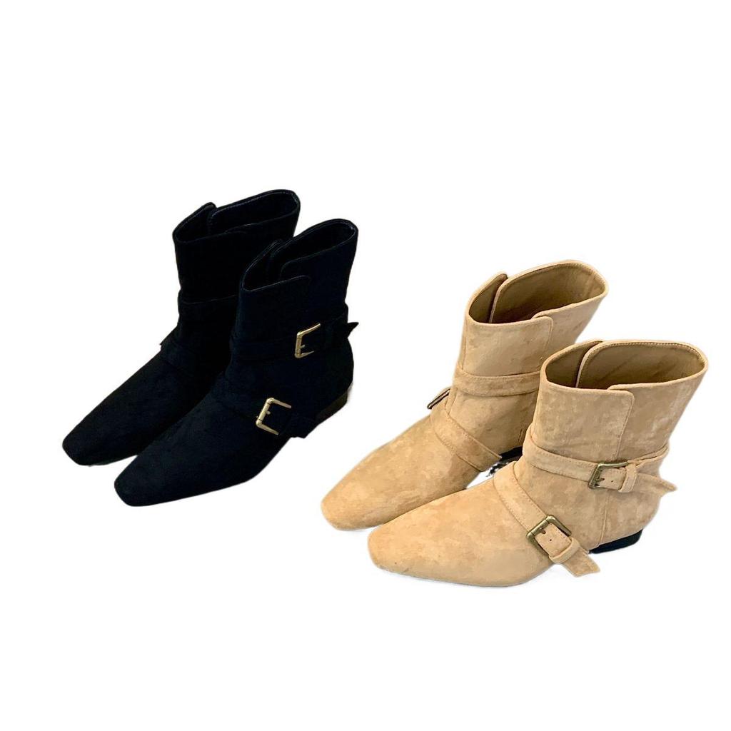 2024 Autumn/Winter New Short Boots Women's Leather Buckle Pointed Suede Flat Bottom Women Platform Boots