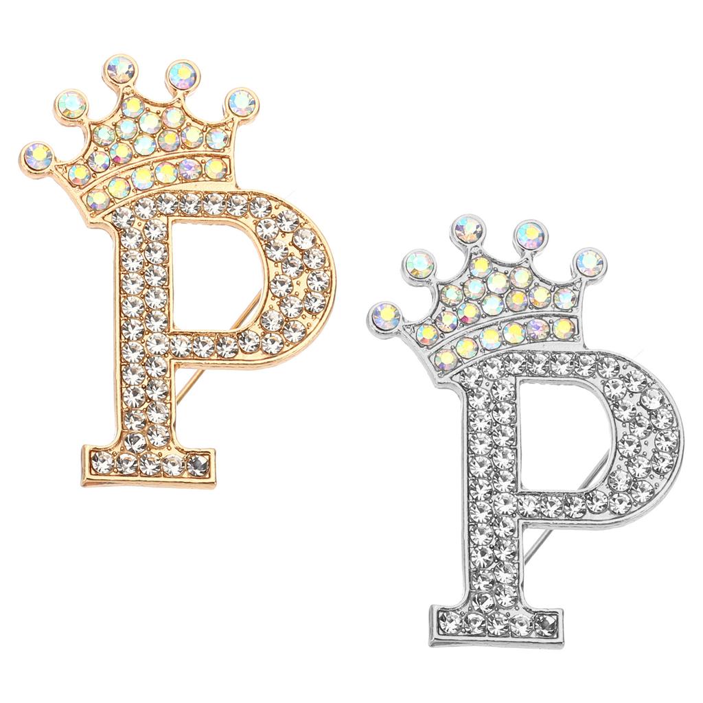 2pcs Letter Brooch Pins Crown Initial Rhinestone Alphabet A-W Letter Lapel Badges Pin for Women Suits Dress Coat Clothes Craft