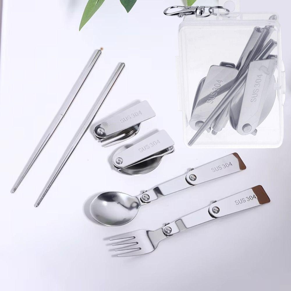 Wiederverwendbares Faltbesteck Kompakt Edelstahl Löffel Gabel Essstäbchen Picknick Essentials