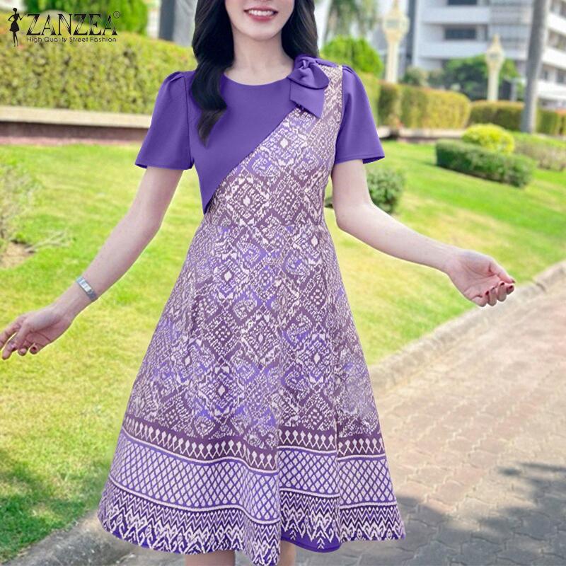 

ZANZEA Women Print Patchwork Summer Round Neck Short Sleeve Dress 5XL рожевий