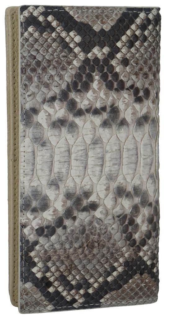 Natural, genuine snakeskin long wallet for men and women, made from a single piece of genuine leather. Features include a coin purse, card slots, and
