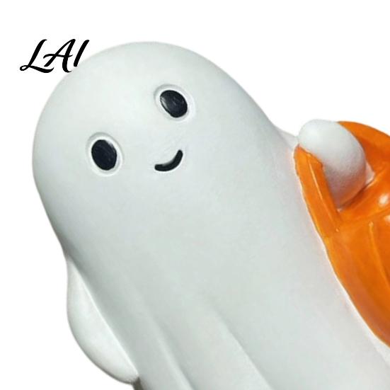 Warm Light Ghost Decor Halloween Holding Pumpkin Figurine Spooky Statue with Night Light Resin Ornament for Desk Tabletop Centerpiece