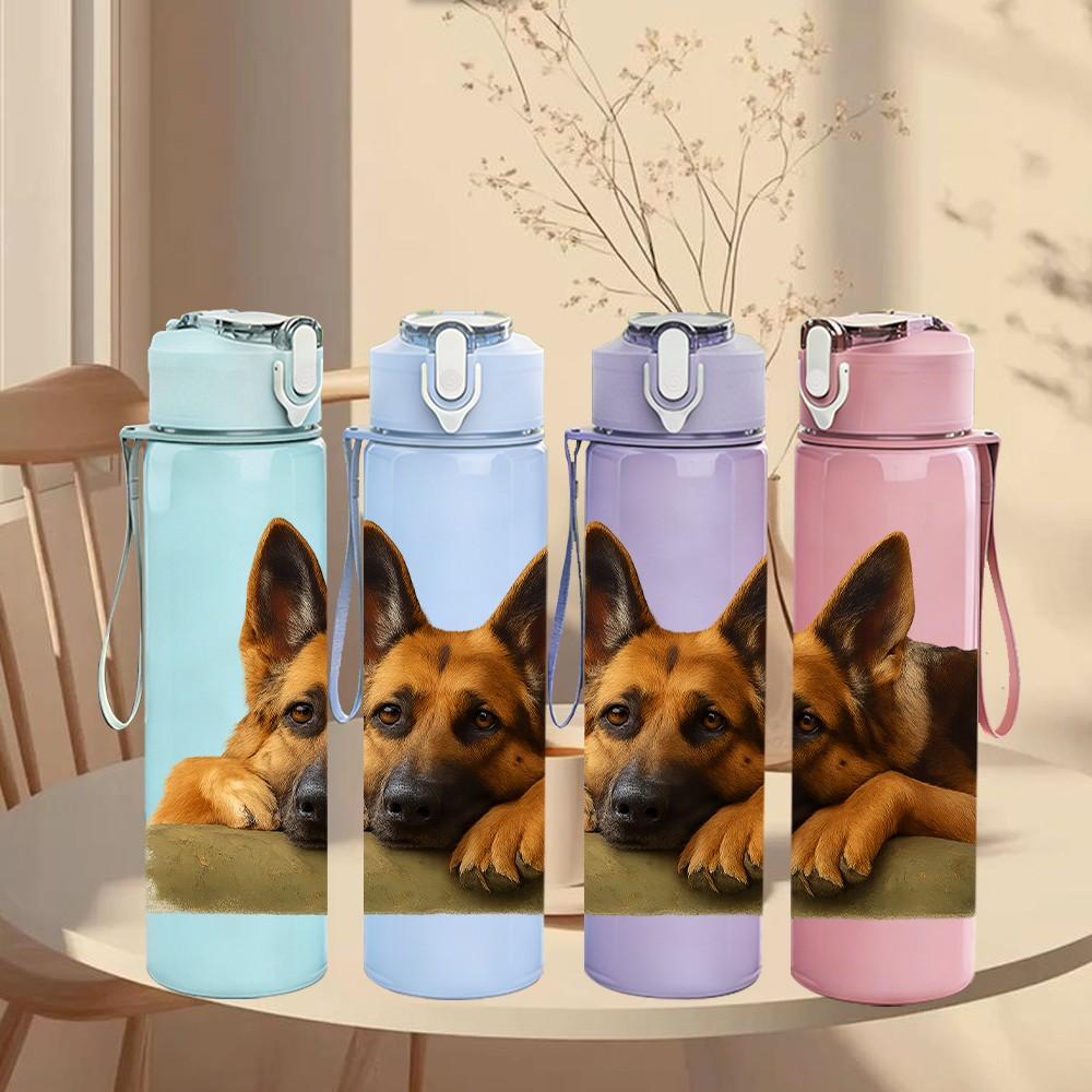1PC German Shepherd Sit Pose 750ml Color Plastic Sports Water Bottle Leakproof Flip Straw Lid Suitable for Sports Office Home Use