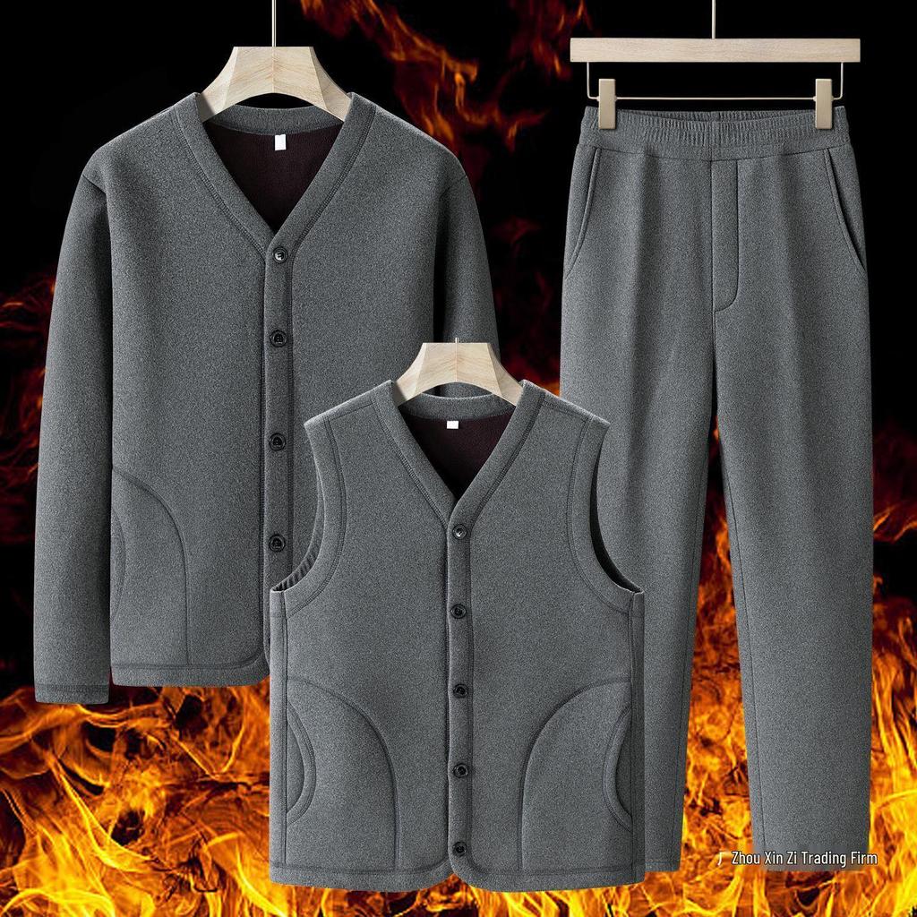 Grandpa’s Autumn & Winter Thickened Cotton Outfit: Velvet Three-Piece Set and Two-Piece Set for Middle-Aged & Elderly.