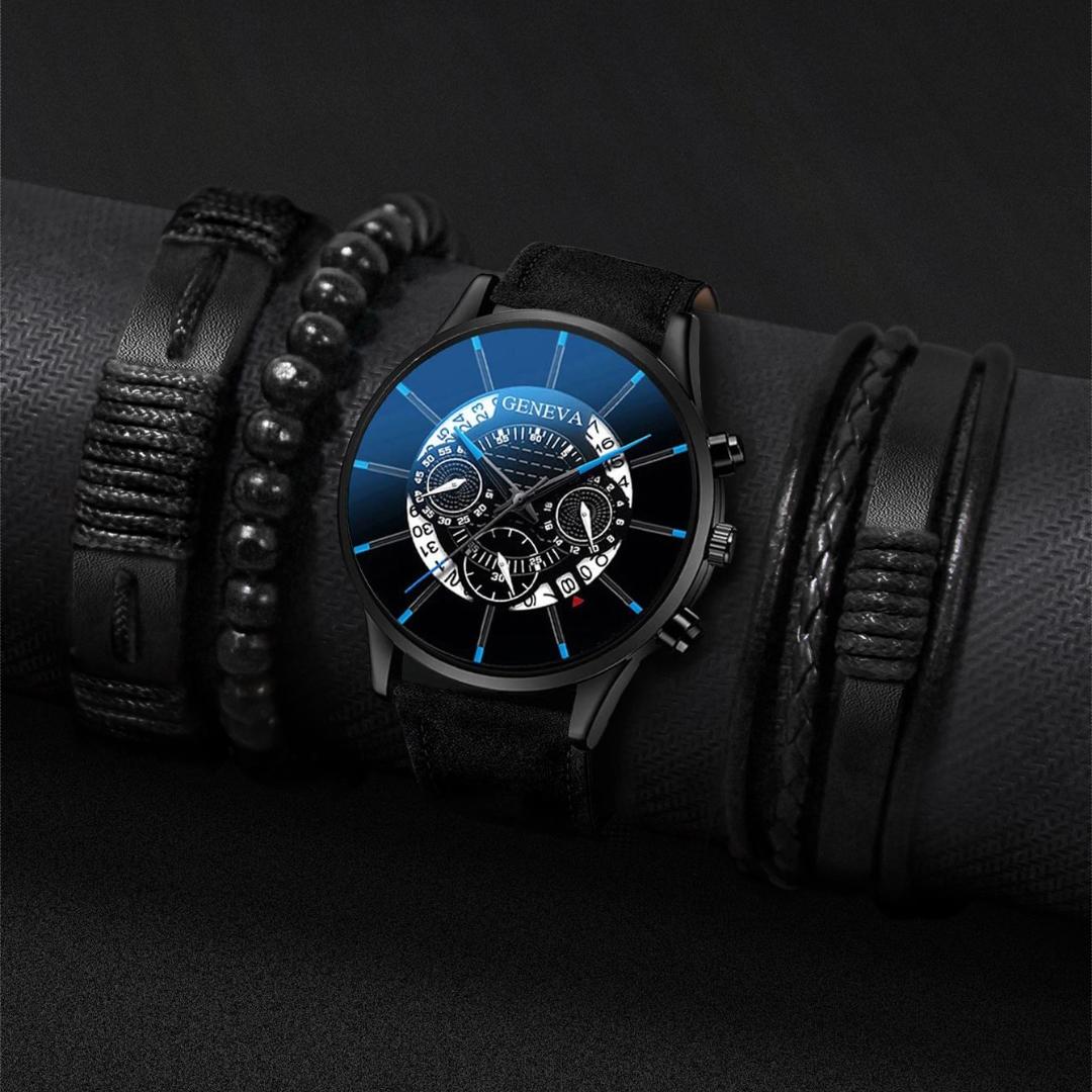 

4PCs/Set Men s Leather Strap Calendar Quartz Watch чёрный